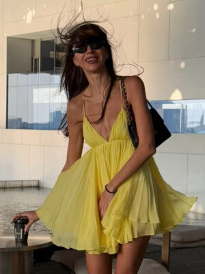 Chic Yellow Ruffle Mini Dress – Backless Lace-Up V-Neck Sundress for Women