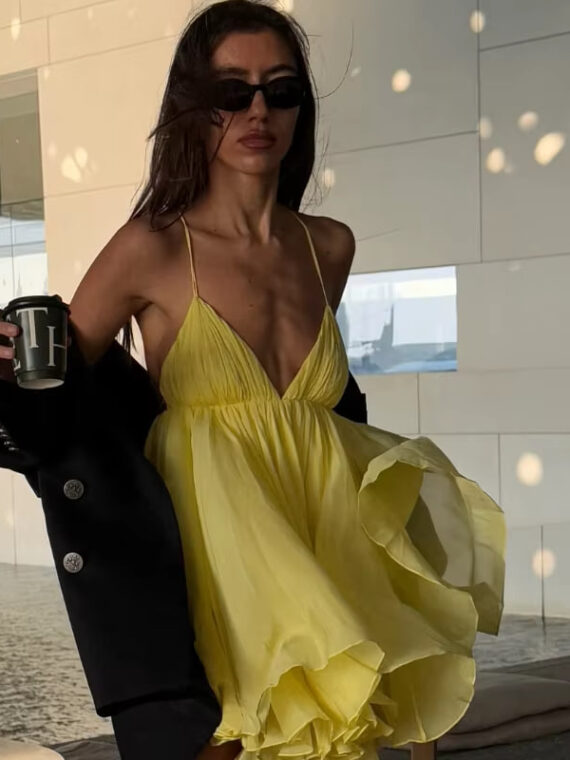 Chic Yellow Ruffle Mini Dress – Backless Lace-Up V-Neck Sundress for Women