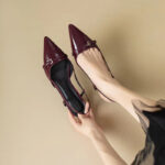 Elegant French Wine Red Patent Leather Sandals – Retro Pointed Toe Mid-Heel Slingback Shoes for Women