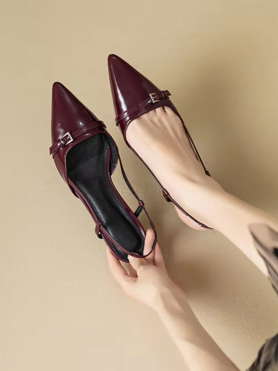 Elegant French Wine Red Patent Leather Sandals – Retro Pointed Toe Mid-Heel Slingback Shoes for Women