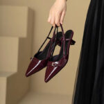 Elegant French Wine Red Patent Leather Sandals – Retro Pointed Toe Mid-Heel Slingback Shoes for Women