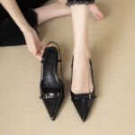 Elegant French Black Patent Leather Sandals – Retro Pointed Toe Mid-Heel Slingback Shoes for Women