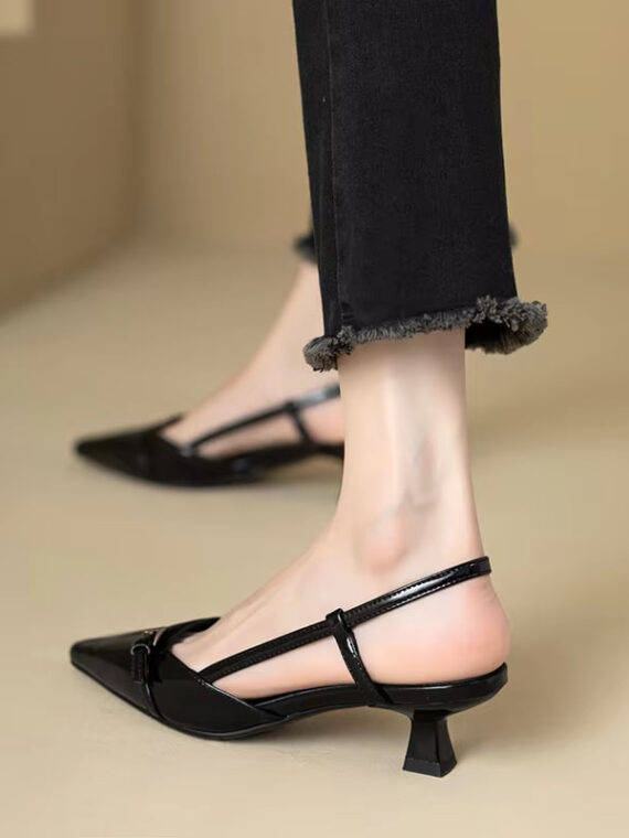 Elegant French Black Patent Leather Sandals – Retro Pointed Toe Mid-Heel Slingback Shoes for Women