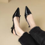 Elegant French Black Patent Leather Sandals – Retro Pointed Toe Mid-Heel Slingback Shoes for Women