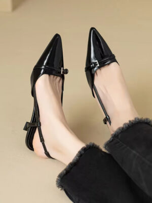 Elegant French Black Patent Leather Sandals – Retro Pointed Toe Mid-Heel Slingback Shoes for Women